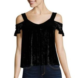 Self Esteem Black Crushed Velvet Cold Shoulder Top Shirt Medium